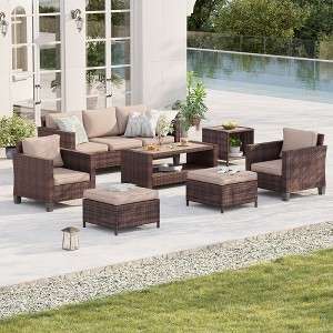 Sonkuki 7-Piece Patio Conversation Set Outdoor Wicker Rattan Furniture Set with Coffee and Side Table, Ottoman and Cushion - 1 of 4