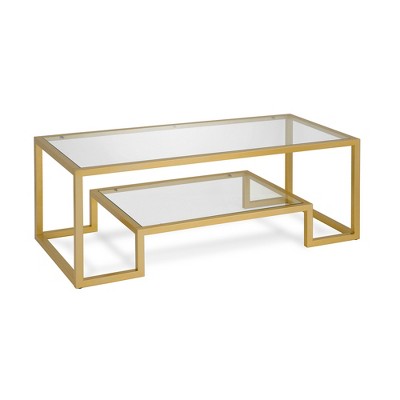 HomeRoots 45" Clear And Gold Glass And Steel Sled Coffee Table With Shelf