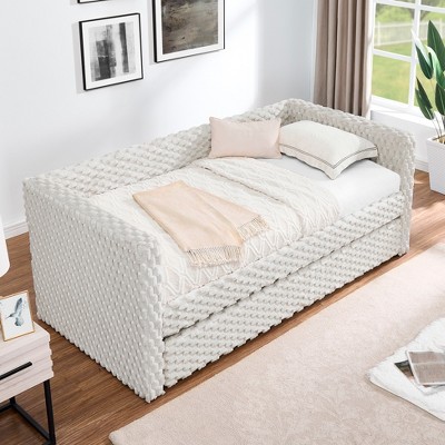 DOMETOUR Twin Size Daybed, Upholstered sofa bed,The bottom pulls out to form a bed ,Plaid corduroy fabric- beige(86*43.5*34 inch)