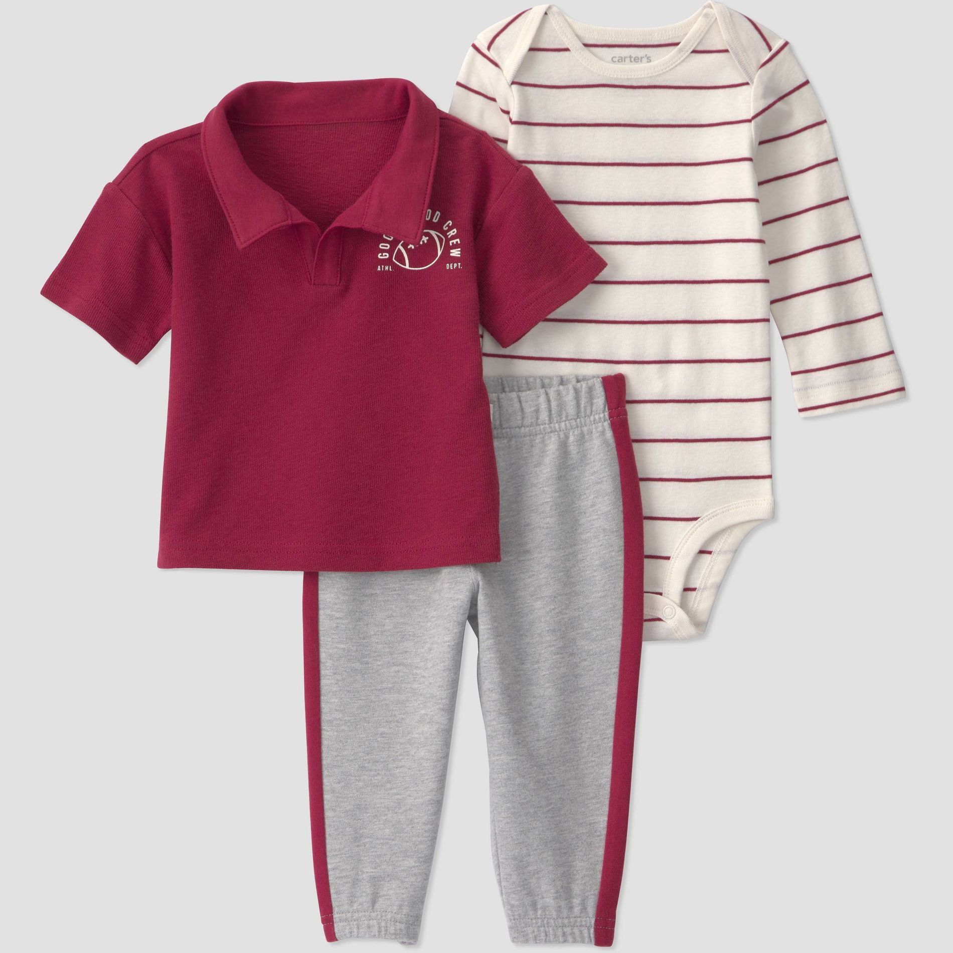 Carter's Just One You® Baby Boys' 3pc Sports T-Shirt with Long Sleeve Bodysuit and Jogger Pants Set - Burgundy 18M