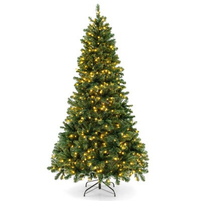 Costway 6FT/7FT/8FT Artificial Xmas Tree with 821/1188/1498 PVC Branch Tips 560/700/880 Warm White LED Lights