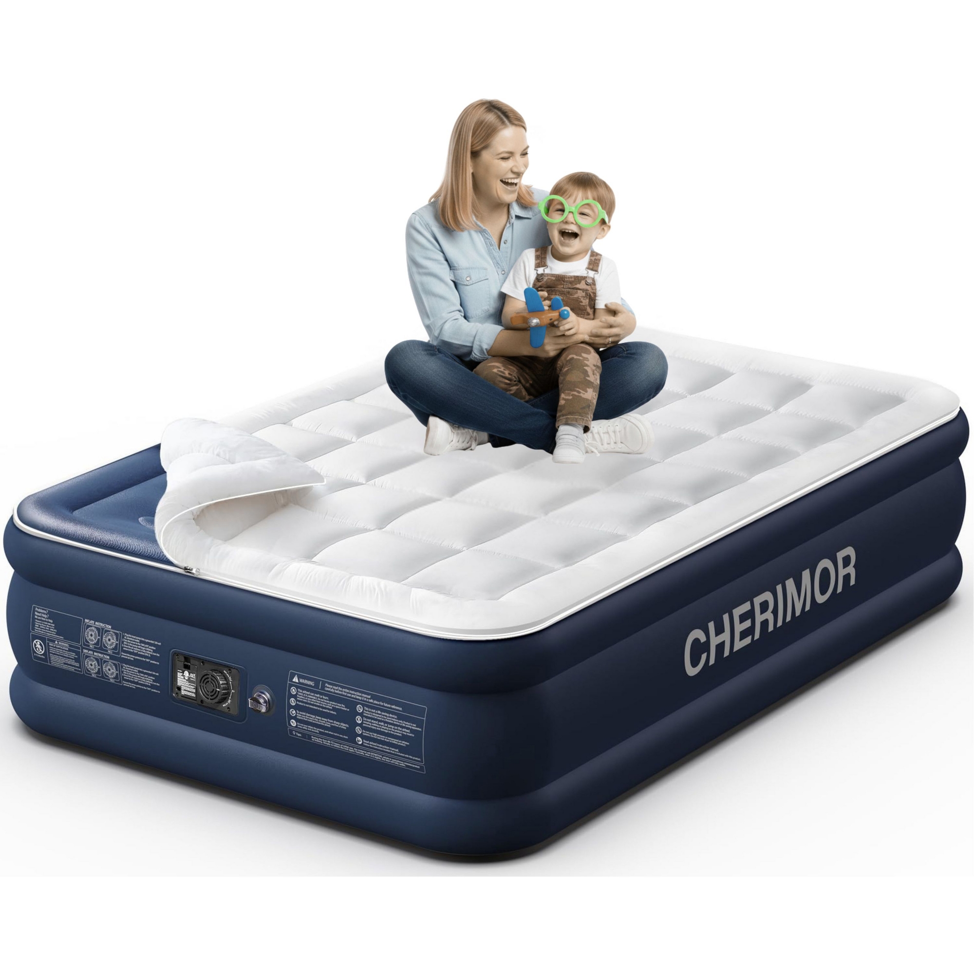 Cherimor, Queen Air Mattress with Built-in Pump & Washable Quilted Topper - 20-in Raised Inflatable Guest Bed - 800lb Capacity Blow Up Bed for Adults