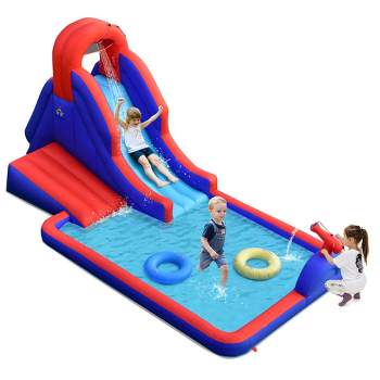 Costway Inflatable Water Slide Park w/ Climb Slide Pool & 2 Swim Rings Blower Excluded
