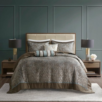 5Pcs Bedspread Set Classic Traditional Jacquard Paisley Motif Reversible Cotton Filled