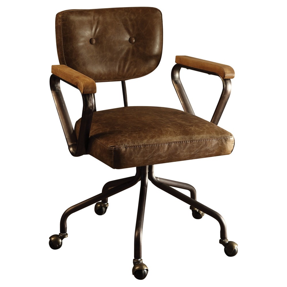 Hallie Task and Office Chairs Ash Brown - Acme Furniture: Faux-Leather, Wood Detail, Fixed Arms