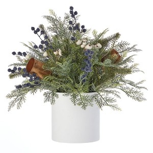 Christmas Mixed Mica Foliage with Blueberries and Harmony Bells 19in Arrangement in Ceramic Pot - 1 of 4