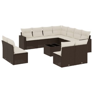 vidaXL 12 Piece Patio Sofa Set with Cushions Brown Poly Rattan - Brown and Cream With Table - 1 of 4