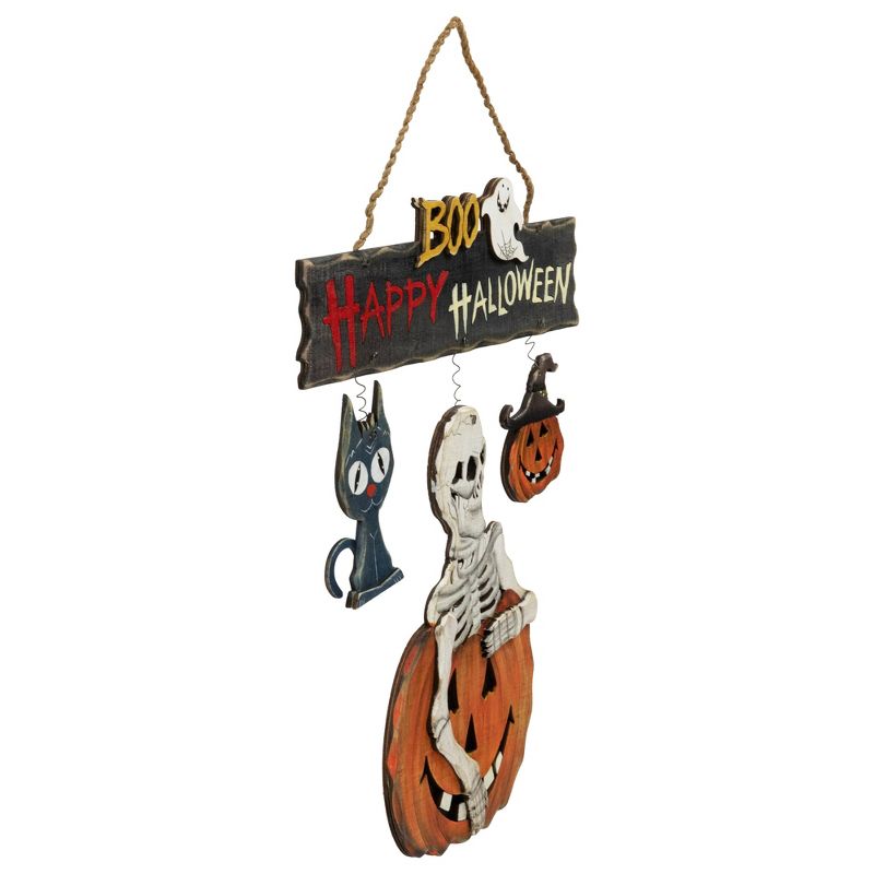 Northlight 14.5" Skeleton with Jack-O-Lanterns and Black Cat "Happy Halloween" Wall Sign, 5 of 7