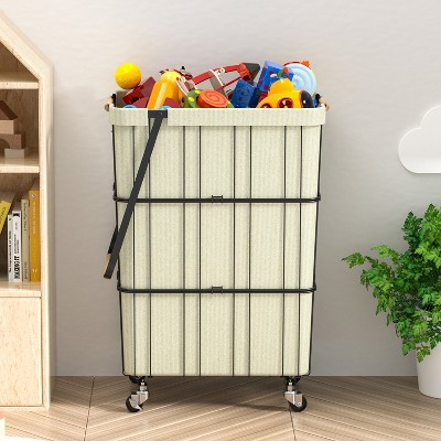 Compact White Metal Rolling Laundry Basket with Handle