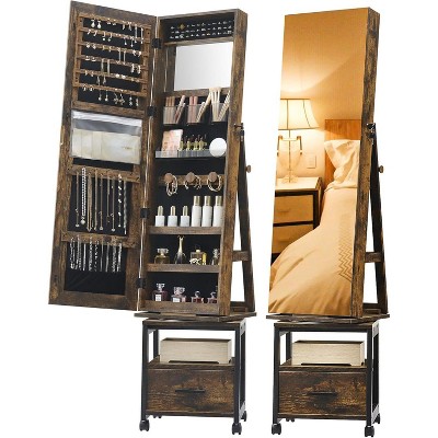 360° Swivel Jewelry Armoire with Storage Shelf and Drawer, 66 Inch High Full-Length Mirror, Floor Standing Jewelry Organizer Cabinet with Wheels