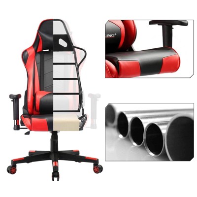 Red and Black PU Leather Gaming Office Chair with Adjustable Headrest and Lumbar Pillow