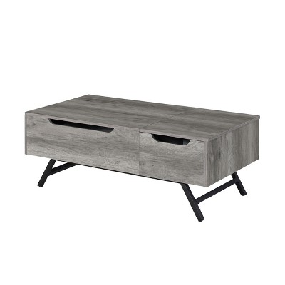 HomeRoots 48" Gray Oak and Black Wood and Steel Lift Top Coffee Table With Drawer