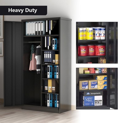 Black Metal Freestanding Wardrobe Cabinet with Adjustable Shelves and Lockable Doors