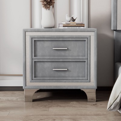 NicBex Velvet Nightstand with Silver Glitter Strip Decor 2 Drawers Bedside Table with Metal Legs for Bedroom, Living Room, Study