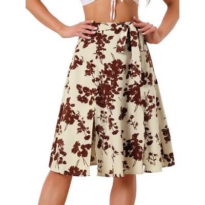 Allegra K Women's High Elastic Waist Belted Slit A-Line Midi Floral Print Skirt