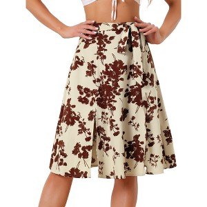 Allegra K Women's High Elastic Waist Belted Slit A-Line Midi Floral Print Skirt - 1 of 4