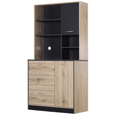 HOMCOM 67" Freestanding Kitchen Cupboard Hutch 3 Drawers Cable Management 4 Cubes and 2 Cabinets Oak/Grey