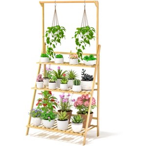 SUGIFT 3-Tier Bamboo Plant Shelf with Hanging Rod – Multi-Functional Wooden Plant Stand for Indoor/Outdoor Use - 1 of 4