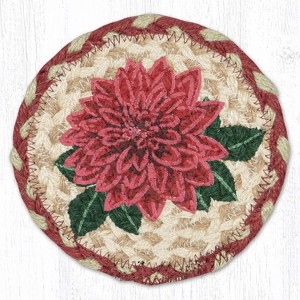 Earth Rugs Round Dahlia Coaster – 7" Braided Jute Mat with Hand-Stenciled Floral Design in Warm Burgundy and Natural Earth Tones - 1 of 3
