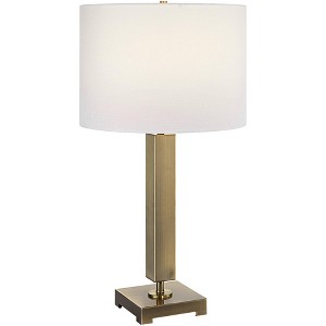Uttermost Modern Table Lamp 27" Tall Antique Brass Rectangular Column White Linen Drum Shade for Bedroom Living Room Nightstand - 1 of 1