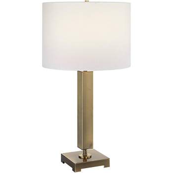 Uttermost Modern Table Lamp 27" Tall Antique Brass Rectangular Column White Linen Drum Shade for Bedroom Living Room Nightstand