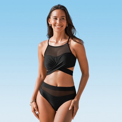 Women's Mesh Cutout Bikini Top & High-Rise Bottom Swimwear Sets - Cupshe