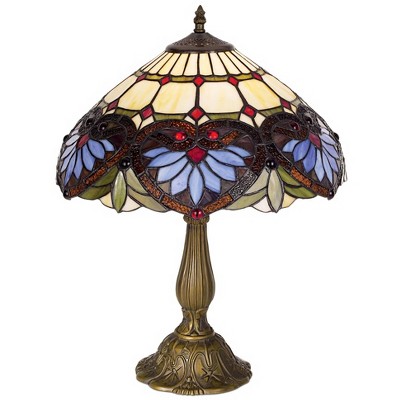 Robert Louis Tiffany Traditional Accent Table Lamp Metal Leaf Base Heart Motif Stained Art Glass Shade for Living Room Family