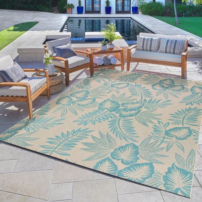 Kona Coast Blue and Beige Tropical Floral Flatweave Rug, 9'x13'