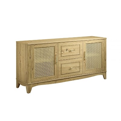 60" Beige Wood TV Stand with Cabinets and Drawers