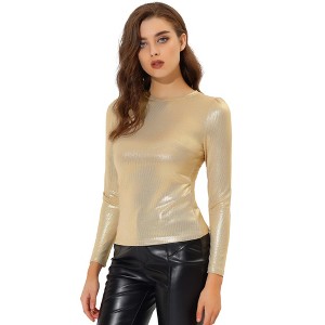 Allegra K Women's Long Sleeve Puff Sleeve Party Glitter Shiny Metallic Tops - 1 of 4