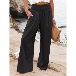 Womens Casual Pants Mid Rise Linen Wide Leg Lounge Pants - 1 of 3