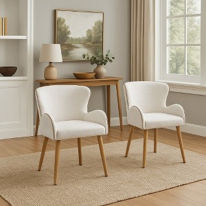 Royal Hampton Side Chair Set of 2, White Boucle, Soft Padding, Brown Wood Legs - 1 of 1