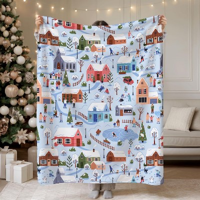 Christmas Village Flannel Blanket,Nostalgic Snowy Winter Trees Christmas Gift.