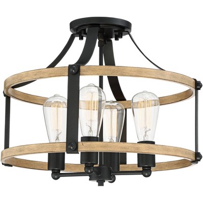 Buford 20" Rustic Farmhouse Black Metal & Faux Wood 4-Light Ceiling Light