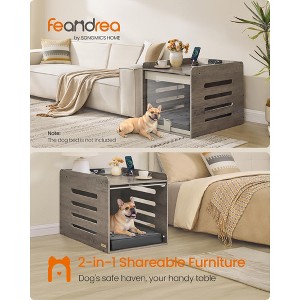 Heather Greige Modern Dog Crate. Has charging station & flip - up acrylic door. Fits small/medium dogs (45 lb). Doubles as side end table. - 1 of 4