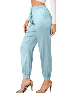 INSPIRE CHIC Women's Drawstring Elastic Waist Ankle Length Satin Joggers Pants with Pocket
