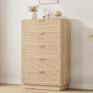 5-Drawer Rattan Dresser for Bedroom - Wooden Chest of Drawers with Integrated Cabinet Body & Legs, Perfect for Hallways, Entryways & Closet - 1 of 4