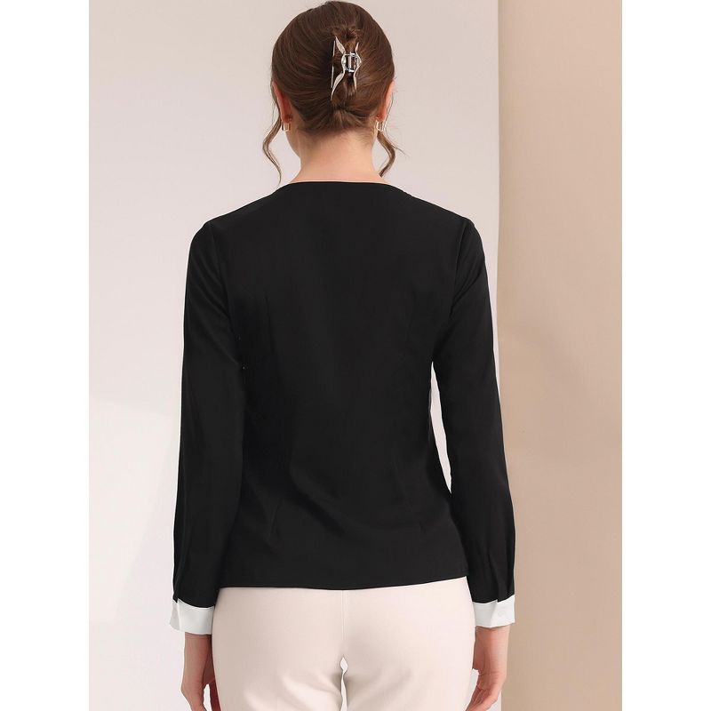 Allegra K Women's Contrast Long Sleeve Button Decor Front Square Neck Elegant Work Blouse, 4 of 6