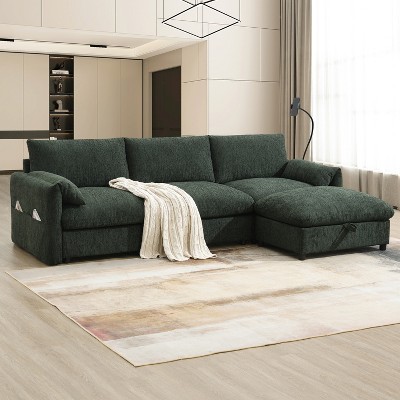 Whisen Oversized Chenille Sectional Sofa with Storage Ottoman and Pockets, Adjustable Phone Holder and Charging Ports