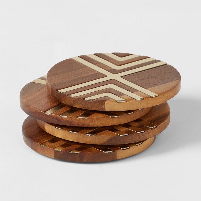 Set of 4 Coasters Natural Acacia with Gold Metal - Threshold™