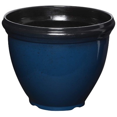 Southern Patio 12 Inch Heritage Round Outdoor Patio Porch Resin Plastic Lightweight Planter Pot w/ Glossy Finish, Monaco Blue