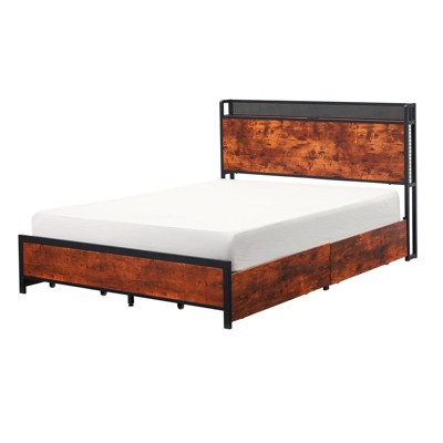 Bed Frame with Storage Drawers and Charging Station, LED Light Queen Bed Frame with Storage Headboard