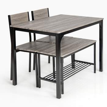Tangkula 4PCS Dining Table Set Kitchen Table with Bench and Chairs Industrial Gathering Bench Dining Set Gray