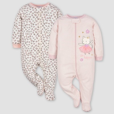 Image of Gerber Baby Girls' 2pk Zip-Front Ballerina Sleep N' Play - White/Light Pink 3-6M