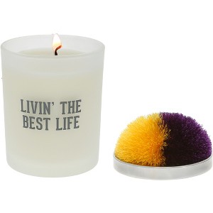 Pavilion Gift Company - Best Life - Purple & Yellow - 5.5 oz - 100% Soy Wax Candle with Pom Pom Lid Scent: Tranquility - Flame Candles - 1 of 4