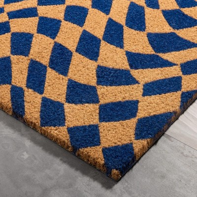 Blue and Natural Coir Checkerboard Outdoor Door Mat, 24" x 36"