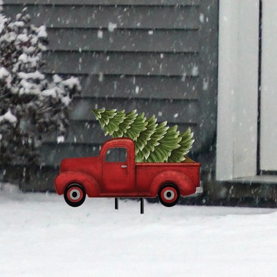 Handcrafted Red Metal Pickup Truck with Christmas Tree Yard Art