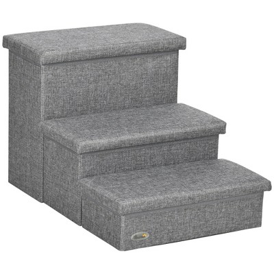 PawHut 3-StepsPet Stairs with Storage, Dog Steps for Couch, Bed, Pet Steps for Injured Pet, Older Pets, Small Cats, gray