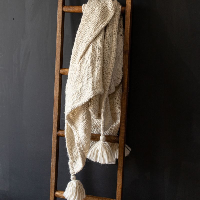 Hand Woven Tasseled Throw Blanket Cream Polyester by Foreside Home & Garden, 3 of 7