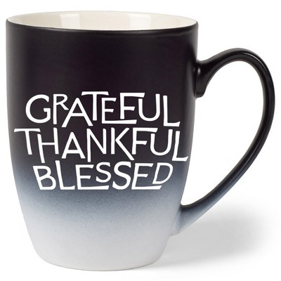 Elanze Designs Grateful Thankful Blessed Two Toned Ombre Matte Black and White 12 ounce Ceramic Stoneware Coffee Cup Mug